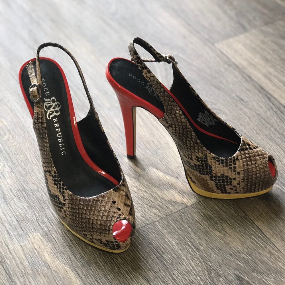 ROCK & REPUBLIC Faux Snakeskin Peep Toe Heels, Open Back Straps, Women’s 7.5